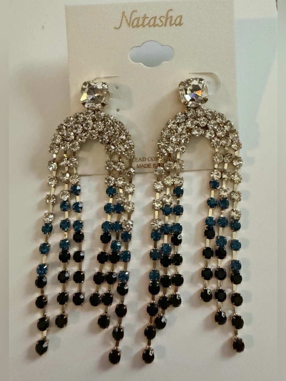 Natasha Couture Silver Crystal Chandelier Earrings with Blue and Black Stones